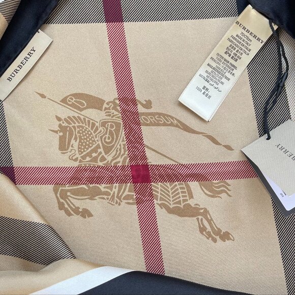 NWT Burberry Scarf Classic Beige Check Pattern Black Border Silk SWrap - Picture 9 of 14